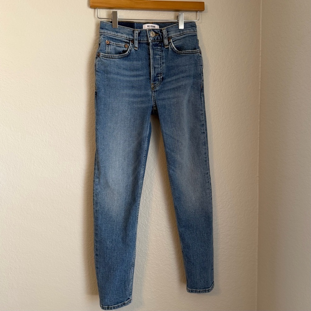 Re/Done Women's 90’s High Rise Ankle Crop Jeans In True Blue Wash, Size 24